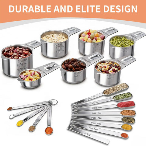 Stainless Steel Measuring Cups And Spoons Set With Nesting Square Design For Kitchen Includes 7 Cups And 7 Spoons Plus 5 Mini Spoons And 1 Leveler