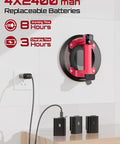 4x3000mAh Electric Suction Cup Lifter With 570lbs Max Load Capacity Heavy Duty Vacuum Tool showing rechargeable batteries and charging display.
