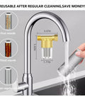 XZ03 Reusable Brass Sediment Filter, 40 Micron Water Filtration System showing size dimensions and cleaning process