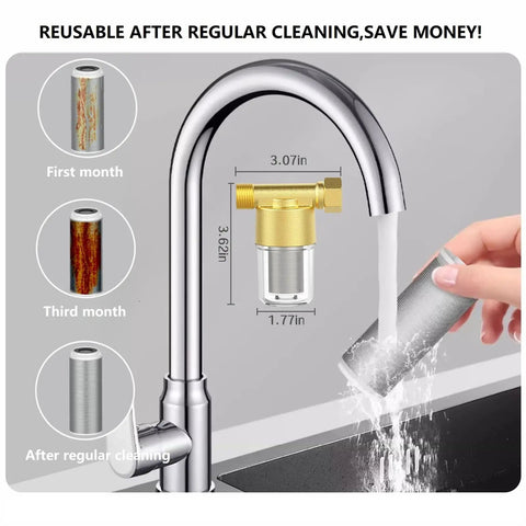 XZ03 Reusable Brass Sediment Filter, 40 Micron Water Filtration System showing size dimensions and cleaning process