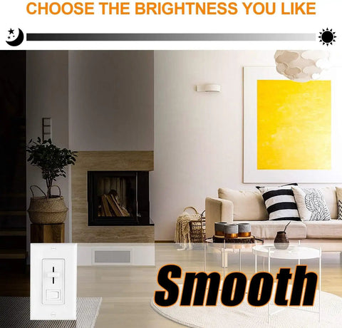 Living room with light dimmer showing brightness control, yellow artwork, and modern decor for 2 Pack 120W 10A Dimmable LED Power Supply Driver 110V AC To 12V DC Ultra Quiet Fanless Transformer For LED Strip Lights Signage CCTV And 12V Systems Bundle Power Up.