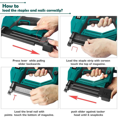Instructions for loading staples and brad nails into the Straight Shooter Corded Electric Brad Nailer And Stapler Combo.