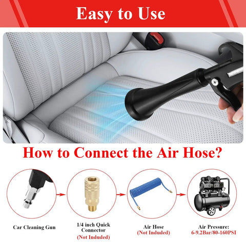 Using Tornado Car Cleaning Gun Air Blow Tool for Compressor Pneumatic System on car seat with guide on air hose connection.