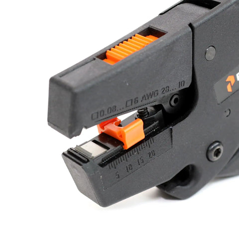 Close-up of Automatic Wire Stripper And Cutter Pro Tool For 28-10 AWG THHN THHW Insulation Self-Adjusting Premium Grade