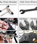 All In One Bike Repair Tool Kit With Zipper Pouch 7 Piece Set Including Cassette Remover Chain Breaker Bottom Bracket Remover Crank Puller Freewheel Remover Spoke Wrench Hub Cone Wrenches Grab And Go - Chain breaker and hub cone wrenches displayed