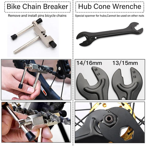All In One Bike Repair Tool Kit With Zipper Pouch 7 Piece Set Including Cassette Remover Chain Breaker Bottom Bracket Remover Crank Puller Freewheel Remover Spoke Wrench Hub Cone Wrenches Grab And Go - Chain breaker and hub cone wrenches displayed