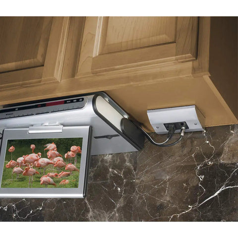 Under Cabinet And Counter Power Distribution Box With GFCI Fit White Metal Construction Hidden Wiring Mount For Power Cat5e And Coaxial Support Ideal For Under Cabinet TV DVD Players And Home Security Systems In Tight Spaces