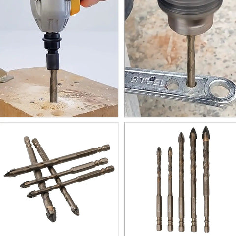 Five Pack Four Edged Serrated Eccentric Drill Bit Set With Sawtooth Four Flute Design for stone, glass, concrete, wood, brick, metal