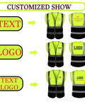 Custom High Reflective Safety Vest For Men And Women Slick Hi Vis Poly Blend Workwear With Bright Strips showing logo and text customization options.