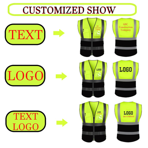 Custom High Reflective Safety Vest For Men And Women Slick Hi Vis Poly Blend Workwear With Bright Strips showing logo and text customization options.