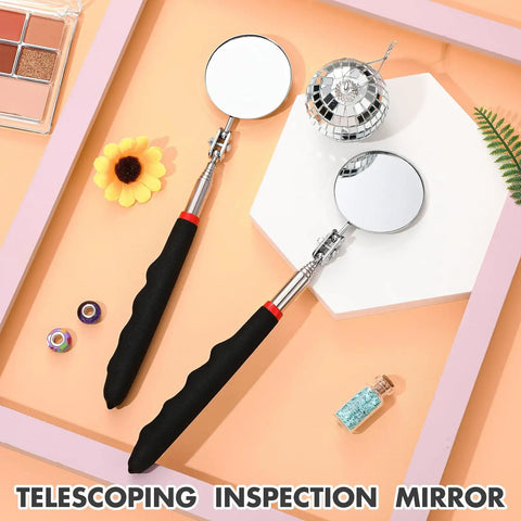 2 Pack Telescoping Inspection Mirrors With Long Handle Round 50mm Extendable Mirror On A Stick For Technicians Mechanics And Contractors To Check Tight Spaces Hidden Areas Durable Metal And Glass Build Black