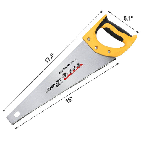 15 Inch Hand Saw With 7 TPI For Wood Cutting, ergonomic no slip rubber grip, durable woodworking tool, side view.
