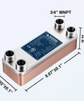 Water To Water Brazed Plate Heat Exchanger 16 Plate 316L Stainless Steel Built Tough With Three Quarter Inch MPT Ports