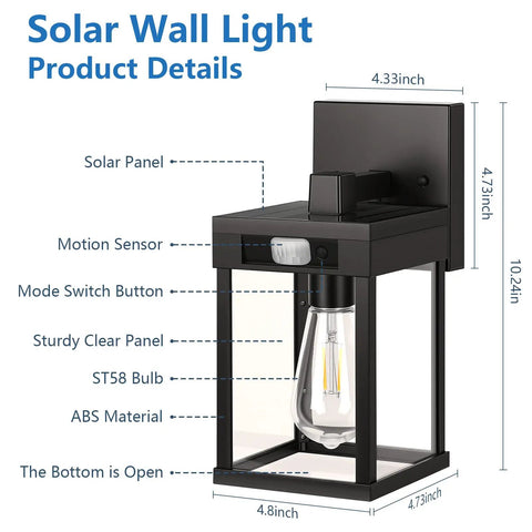 Kickass Solar Wall Lanterns With Hella Bright Motion Sensor And Three Flexible Lighting Modes For Outdoor Patio Runs Wirelessly Plus Storm Ready Build In A Quick Install Two Pack Set, black ABS material with solar panel, motion sensor, 10.24 inches tall.