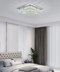 16 Inch LED Chandelier Square Crystal Flush Mount Ceiling Light Fixture in bedroom, modern two tier crystal rings showcase luxurious sparkle.