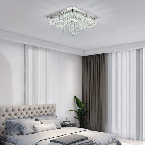 16 Inch LED Chandelier Square Crystal Flush Mount Ceiling Light Fixture in bedroom, modern two tier crystal rings showcase luxurious sparkle.