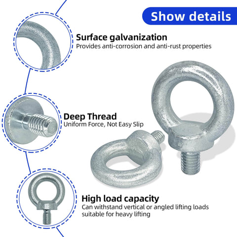 Heavy Duty 5/8-11 Carbon Steel Galvanized Shoulder Eye Bolt With Threaded Eyebolt Lifting Ring For Load Bearing And Hoist Rigging Built Tough Lifting Hardware For Chains And Slings, close-up showing surface galvanization, deep thread, and load capacity