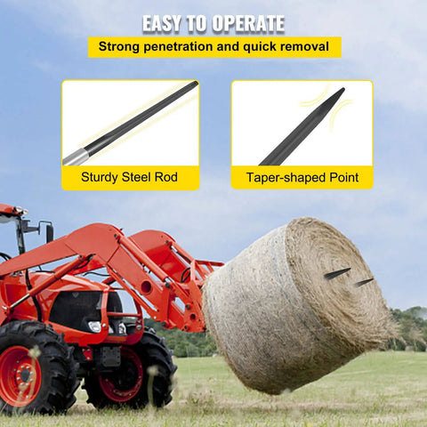 Tractor with Beefed Up 39 Inch Hay Bale Spear With 3600 Pound Capacity lifting hay bale, showing sturdy steel rod and tapered point