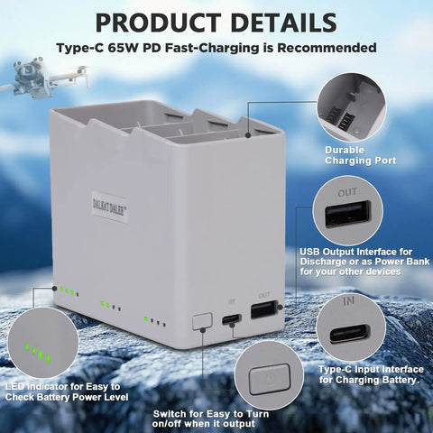 Smart Two Way Charging Hub For Mini Drone Series Pro Models BiDirectional Battery Charger with labeled interfaces and ports