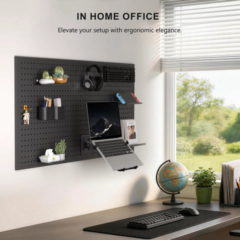 Ultra Top Notch Articulating Pegboard Mount For Laptops And Computer Screens Featuring Ventilated Trays, mounted in home office.