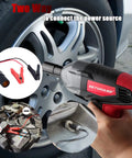 Beefy Electric Impact Wrench Half Inch Drive 12 Volt Cordless Tool With 400 Nm Max Torque used on car tire, power connections shown