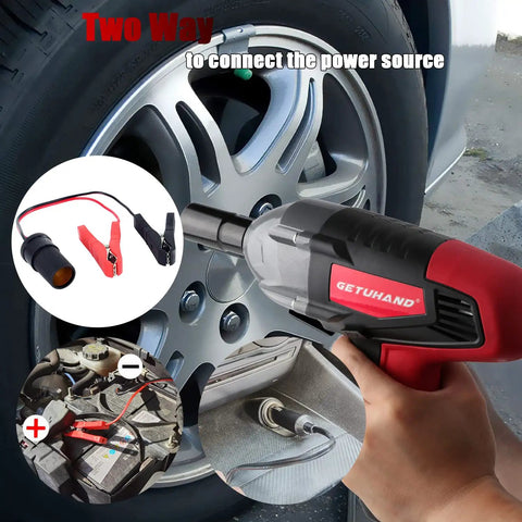 Beefy Electric Impact Wrench Half Inch Drive 12 Volt Cordless Tool With 400 Nm Max Torque used on car tire, power connections shown