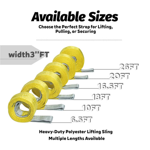 Front view of Kivomot heavy-duty 3in polyester lifting slings with eye-to-eye ends, multiple lengths up to 26 ft.