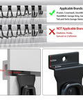 Diagram of Beefy Ten Pack Wave Shape Slatwall Hooks for Garage Storage, showing installation details and compatible brands.