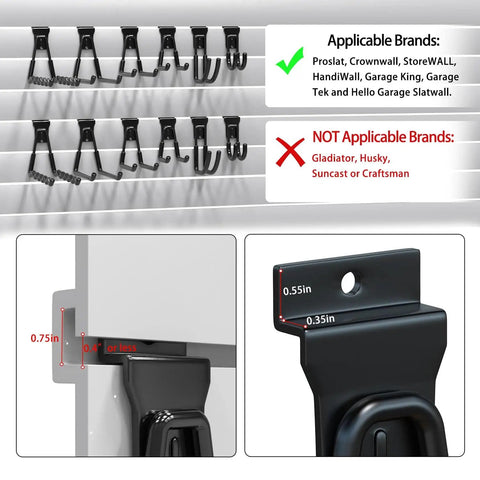 Diagram of Beefy Ten Pack Wave Shape Slatwall Hooks for Garage Storage, showing installation details and compatible brands.