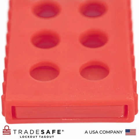 Close-up view of Lock Out Tag Out Hasp Bundle, Non Conductive Polypropylene LOTO Hasps, 3 Pack, showing 6 holes design.