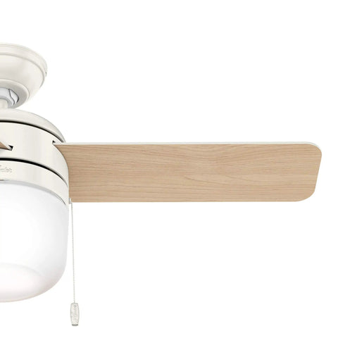 Acumen 42 Inch Indoor Ceiling Fan With Reversible Motor Fresh White Finish Two Position Mounting near view of blade and light