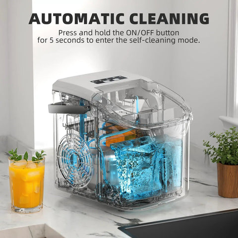 No Sweat Countertop Ice Maker With Rapid Six Minute Freezing features automatic cleaning and ice storage, ideal for drinks.