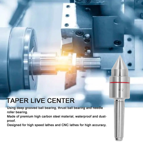 MT2 live center, front view; 60° conical tip, high-carbon steel, triple-ball bearing for CNC lathe.
