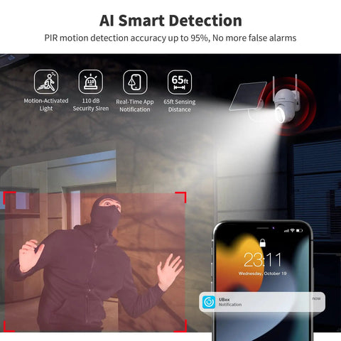 Solar Outdoor Wireless Security Camera With Twelve 500 Lumen LED Spotlights 2K 360 Degree View Color Night Vision PIR Motion Detection And Two Way Audio For Easy Install Backyard Surveillance detecting motion at night with smartphone notification