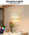 Smart Plug In Pendant Lamp with remote control and app, woven paper shade, suitable for E26/E27 bulb, dining setting.