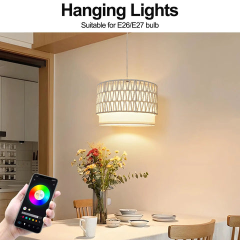 Smart Plug In Pendant Lamp with remote control and app, woven paper shade, suitable for E26/E27 bulb, dining setting.