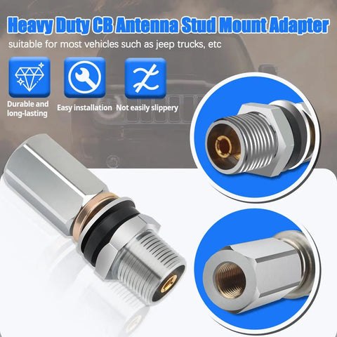 Heavy Duty SO239 CB Radio Antenna Stud Adapter For 3/8-24 Threads Mount Versatile Base with silver finish and durability features
