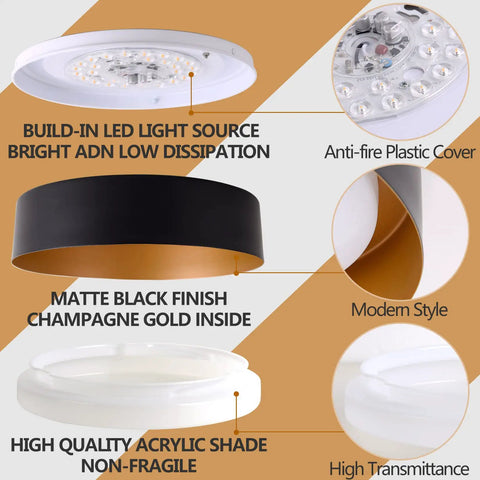Matte Black Flush Mount Ceiling Light With Gold Interior 12.5 Inch LED Fixture 18W 100W Equivalent Dimmable Warm White 3000K features