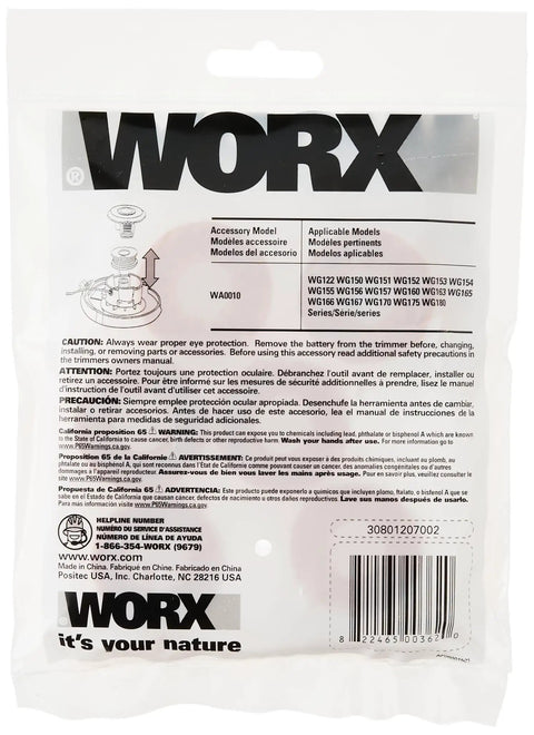 Back view of Worx Replacement Spool And DNA2 Double Helix Line packaging with product details and specifications.