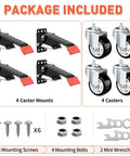 SPACEKEEPER workbench caster kit: 4 retractable mounting brackets and 4 3-inch casters, screws, bolts, mini wrenches.