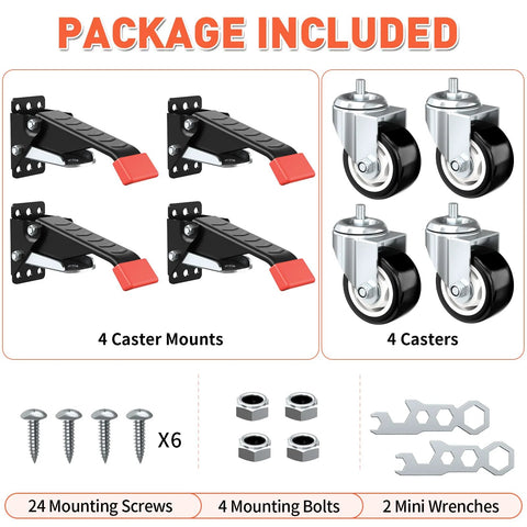 SPACEKEEPER workbench caster kit: 4 retractable mounting brackets and 4 3-inch casters, screws, bolts, mini wrenches.