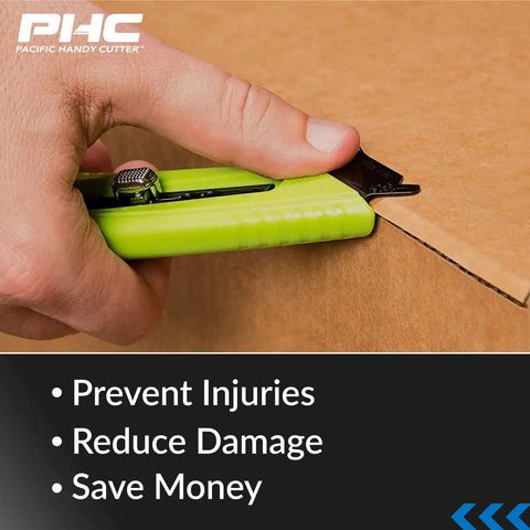Heavy Duty Box Cutter Utility Knife With Tape Splitter And Film Cutter in use, showing right-handed cutting position on cardboard