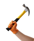 Hand wearing Hi Visibility Orange Nitrile Gloves 8 Mil Thick Large holding a hammer, demonstrating grip and durability