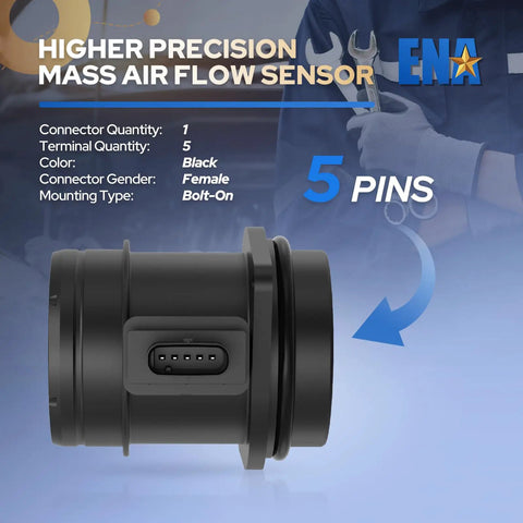 Side view of 5-pin black Mass Air Flow Sensor MAF Replacement For Mini Cooper 2007 2008 2009 2010 2011 1.6L Cooper DOHC SOHC Plug