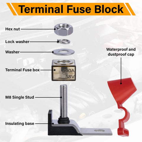Heavy Duty 300A 58V DC Terminal Fuse Block for Battery Systems, 5/16 Inch Stud with locking components and waterproof cap.