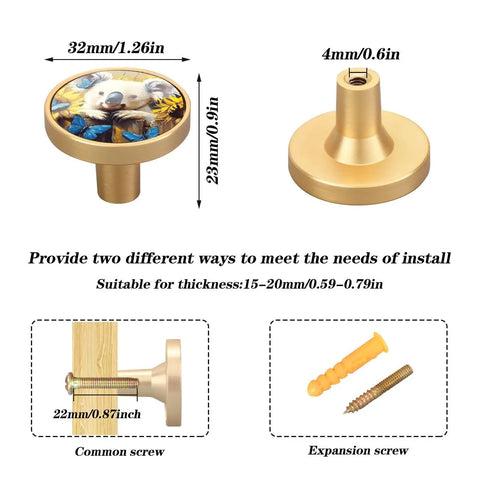 Dope Koala Sunflower Butterfly Cabinet Knob Set, 4 pack, size details, gold zinc alloy, includes regular and expansion screws.