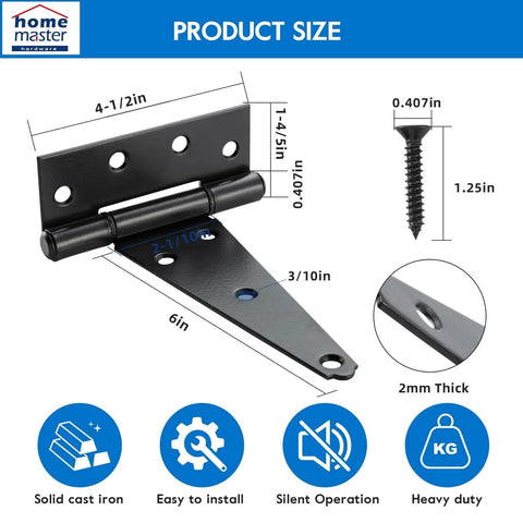 6 Inch T Strap Heavy Duty Shed Door Hinges Black Tee Hinge For Wooden Fences Yard Doors Barn Doors Gates Rustproof Wrought Iron With Screws 2 Pack Includes Mounting Hardware Ready For Left Or Right Handed Install Weather Resistant Finish Outdoor Ready