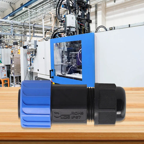 Beast Mode Waterproof M23 Connector With IP67 Rating For Outdoor Motorcycle And Ebike Charger Sockets featuring black and blue male plug design.