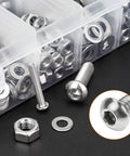 Front view of HELIFOUNER stainless steel M3–M6 button head screws in plastic organizer; inset shows bolt head.