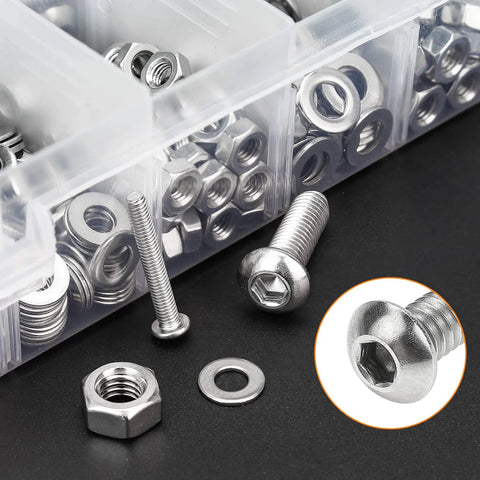 Front view of HELIFOUNER stainless steel M3–M6 button head screws in plastic organizer; inset shows bolt head.
